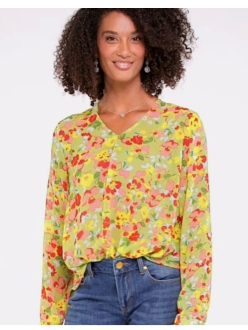 Cabi Playground Lime Green Floral Wrap Top with Pink & Yellow Accents